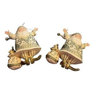Two Gold Paper Mache Santa Ornaments Vintage Large